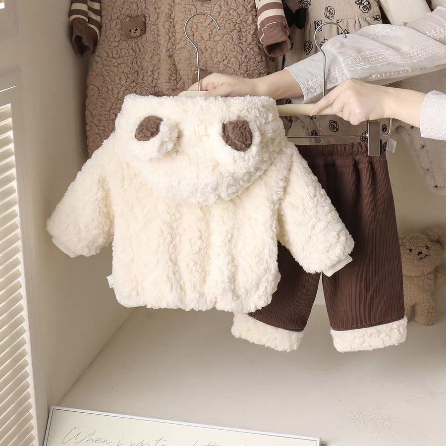 Warm Baby Clothing Set – Beige Coat with Brown Trousers