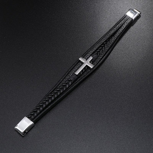Black Braided Leather Cross Bracelet