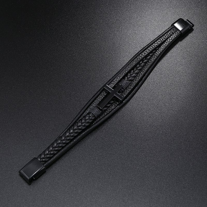 Black Braided Leather Cross Bracelet